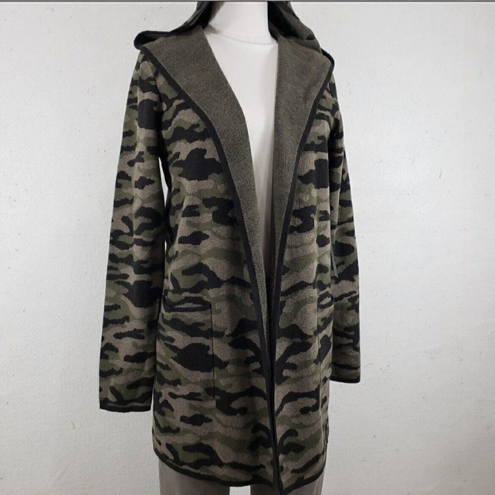 𝅺NEW Rachel Zoe Long Cardigan Sweater Green Black Camo Hooded SMALL - Picture 4 of 11